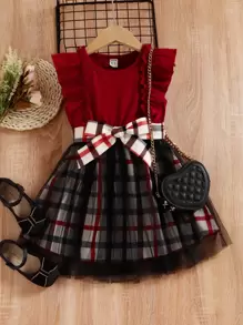 SHEIN Toddler Girls Plaid Ruffle Trim Mesh Overlay Belted Dress - Multicolor - View 3