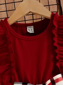 SHEIN Toddler Girls Plaid Ruffle Trim Mesh Overlay Belted Dress - Multicolor - View 5