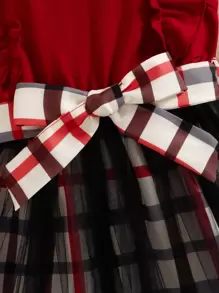 SHEIN Toddler Girls Plaid Ruffle Trim Mesh Overlay Belted Dress - Multicolor - View 6