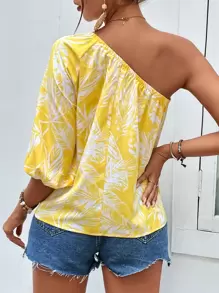 SHEIN VCAY Tropical Print One Shoulder Lantern Sleeve Blouse - Yellow - View 2