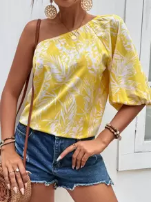 SHEIN VCAY Tropical Print One Shoulder Lantern Sleeve Blouse - Yellow - View 4