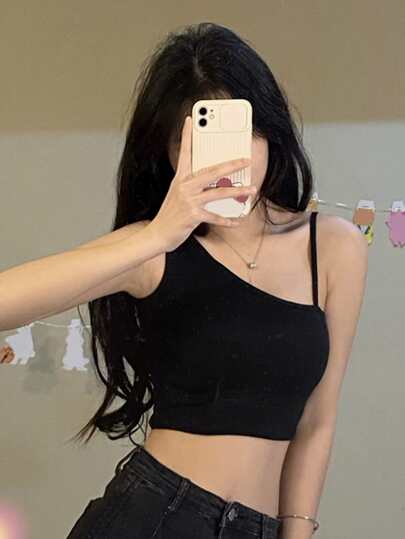 素色不對稱領短款上衣