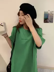 Slogan Graphic Drop Shoulder Tee - Green - View 1