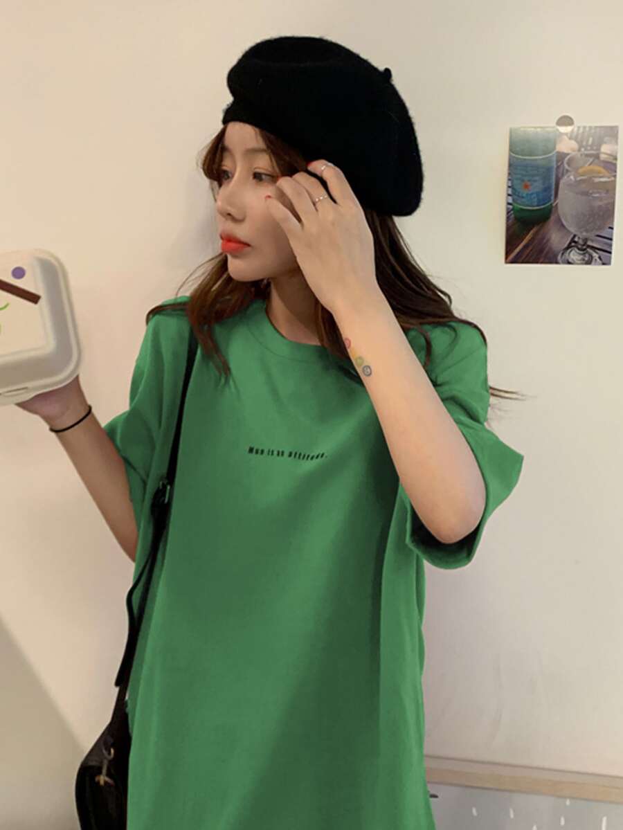 Slogan Graphic Drop Shoulder Tee - Green - View 1