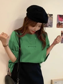 Slogan Graphic Drop Shoulder Tee - Green - View 3