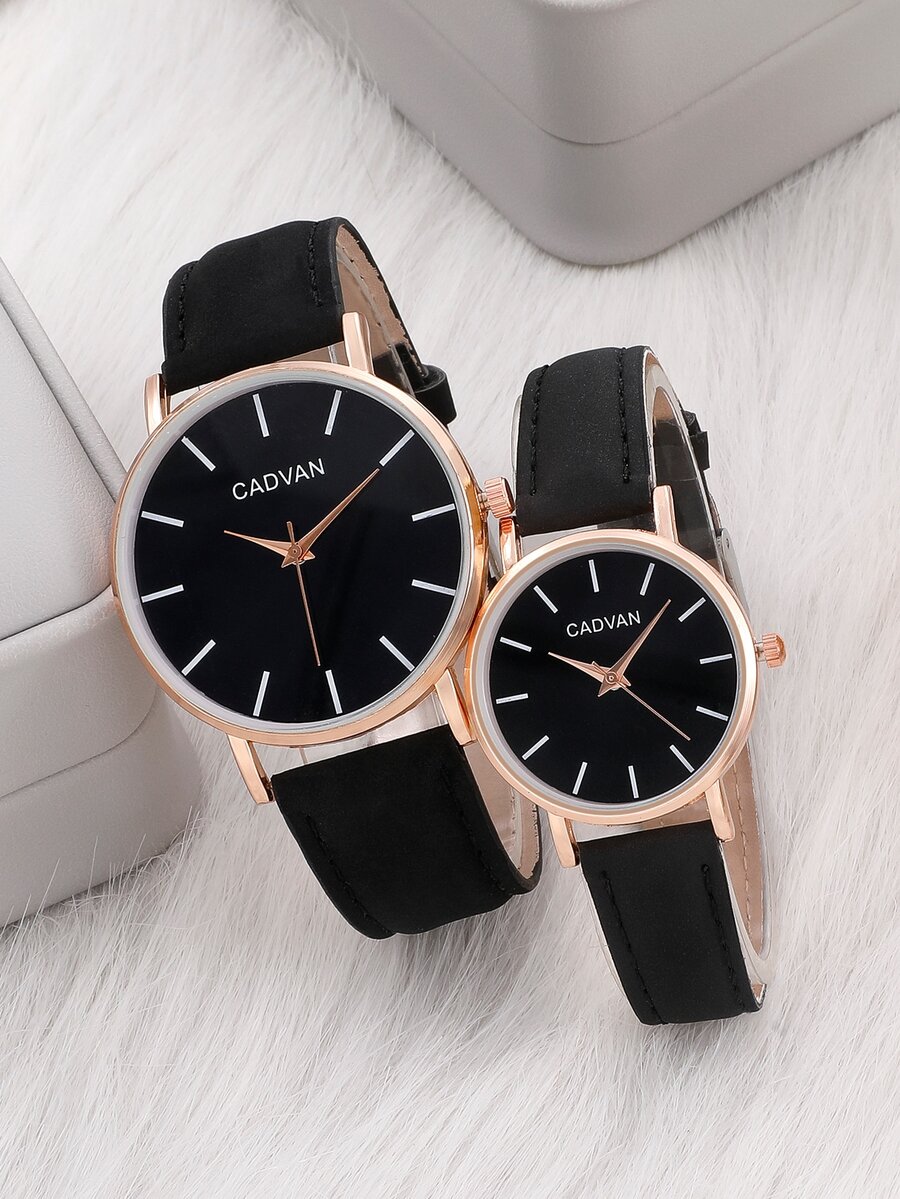 CADVAN 2入組情侶極簡風格圓形指針石英手錶 - 黑色 - 查看 1