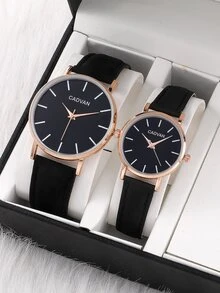 CADVAN 2入組情侶極簡風格圓形指針石英手錶 - 黑色 - 查看 3