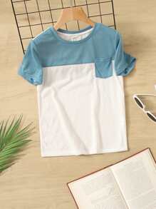SHEIN Camiseta de manga corta de punto casual de verano para niño preadolescente, con cuello redondo, bloques de color y parches de tejido con doble bolsillo - Azul y blanco - Ver 1