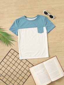 SHEIN Camiseta de manga corta de punto casual de verano para niño preadolescente, con cuello redondo, bloques de color y parches de tejido con doble bolsillo - Azul y blanco - Ver 5