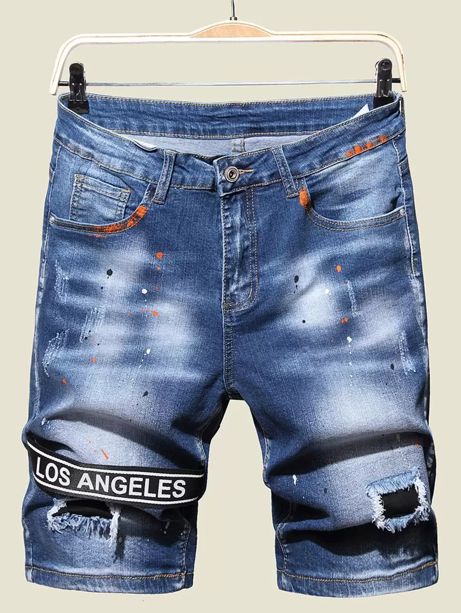 Manfinity Quần Short Denim Nam Túi Dây kéo Ruy băng Lá thư - Rửa trung bình - Xem 1