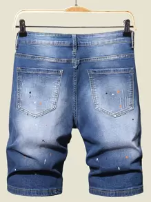 Manfinity Quần Short Denim Nam Túi Dây kéo Ruy băng Lá thư - Rửa trung bình - Xem 2