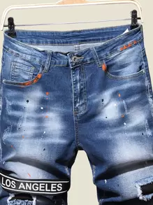 Manfinity Quần Short Denim Nam Túi Dây kéo Ruy băng Lá thư - Rửa trung bình - Xem 3