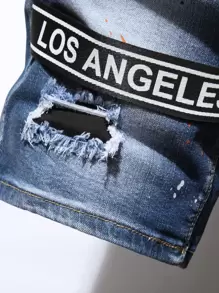 Manfinity Quần Short Denim Nam Túi Dây kéo Ruy băng Lá thư - Rửa trung bình - Xem 4