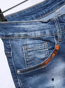 Manfinity Quần Short Denim Nam Túi Dây kéo Ruy băng Lá thư - Rửa trung bình - Xem 5