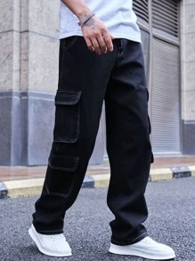 Manfinity EMRG Men Top Stitching Flap Pocket Cargo Jeans Baggy Long Washed Jean Plain Black Vacation Street Wear Friends - Black - View 3