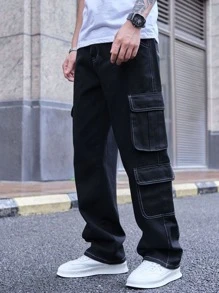 Manfinity EMRG Men Top Stitching Flap Pocket Cargo Jeans Baggy Long Washed Jean Plain Black Vacation Street Wear Friends - Black - View 4