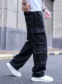 Manfinity EMRG Men Top Stitching Flap Pocket Cargo Jeans Baggy Long Washed Jean Plain Black Vacation Street Wear Friends - Black - View 5