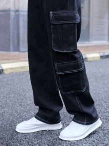 Manfinity EMRG Men Top Stitching Flap Pocket Cargo Jeans Baggy Long Washed Jean Plain Black Vacation Street Wear Friends - Black - View 8