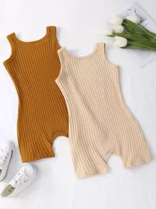 SHEIN Young Girl 2pcs Ribbed Unitard Romper