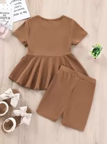 SHEIN Vintaside Kids Jeune Fille 2 Pièces/set T-shirt À Manches Courtes À Ourlet Volanté Mignon Et Tenues D'été Shorts, Confortables Et Frais - Tabac - Voir 2