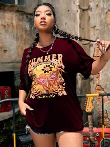 Flirla Plus Butterfly & Letter Graphic Drop Shoulder Tee - Burgundy - View 5