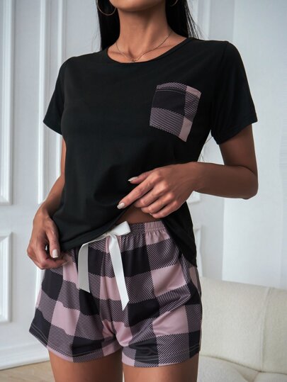 Pocket Patched Tee Buffalo Plaid Print Shorts PJ Set Pajama