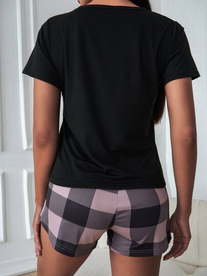 Pocket Patched Tee Buffalo Plaid Print Shorts PJ Set Pajama view 2