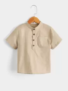 SHEIN Toddler Boys Solid Pocket Patched Half Button Placket Shirt - Khaki - View 1
