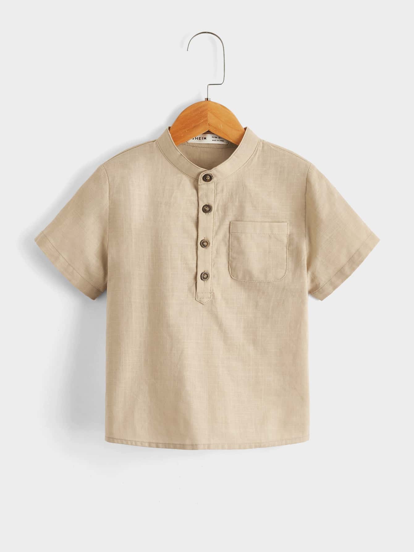 SHEIN Toddler Boys Solid Pocket Patched Half Button Placket Shirt - Khaki - View 1