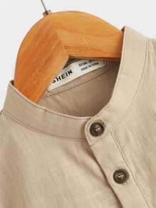 SHEIN Toddler Boys Solid Pocket Patched Half Button Placket Shirt - Khaki - View 3