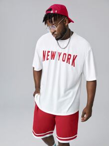 Manfinity VCAY 男士字母圖案T恤和拼接邊短褲 - 紅色 - 查看 1