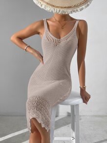 SHEIN Swim Hollow Out Scallop Trim Cover Up Dress - Camel - View 5