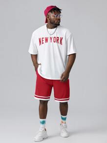 Manfinity VCAY 男士字母圖案T恤和拼接邊短褲 - 紅色 - 查看 3