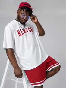 Manfinity VCAY 男士字母圖案T恤和拼接邊短褲 - 紅色 - 查看 4