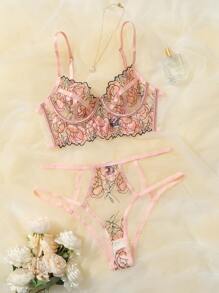 SHEIN Floral Embroidery Mesh Cut Out Lingerie Set - Baby Pink - View 1
