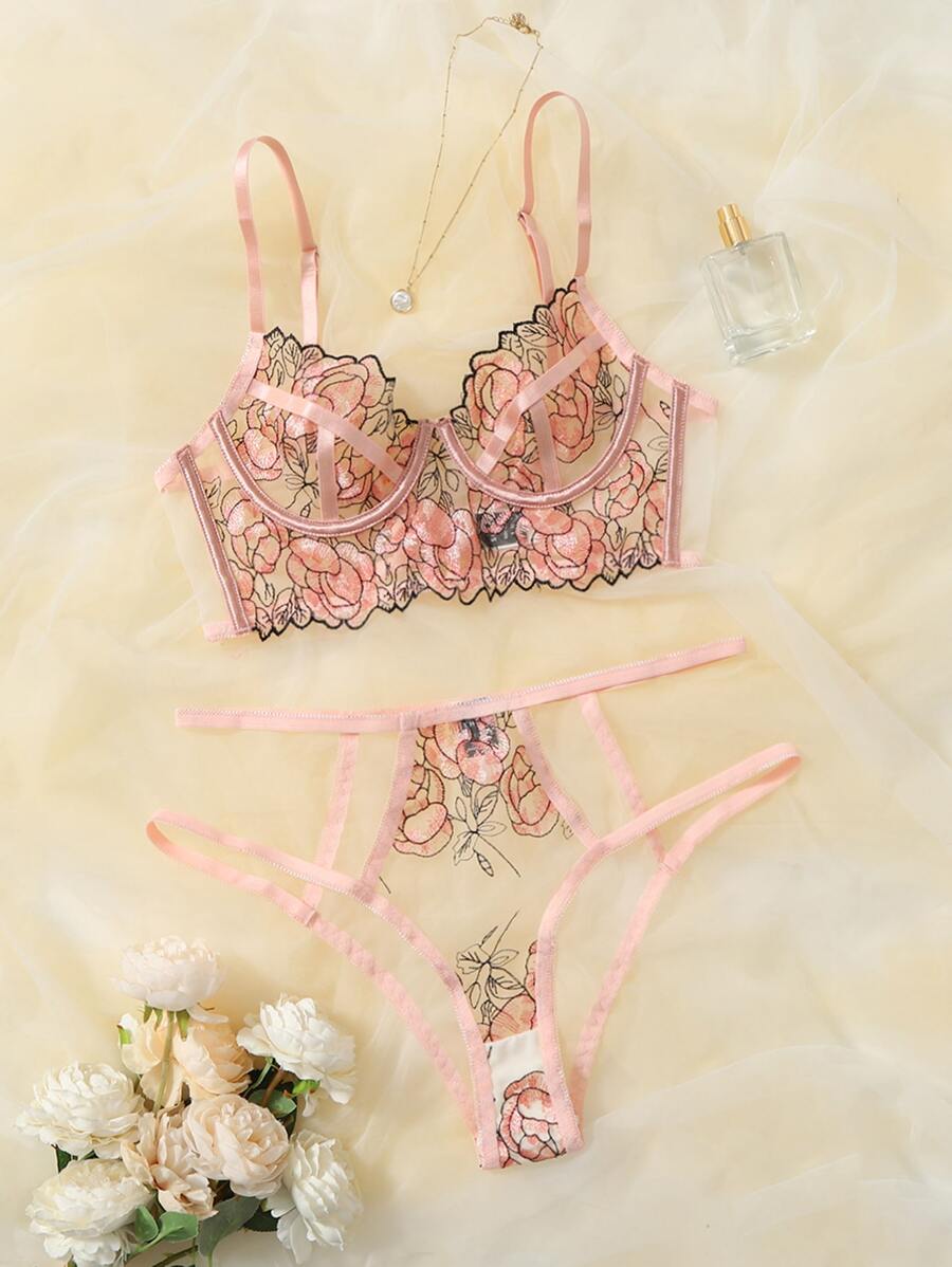 SHEIN Floral Embroidery Mesh Cut Out Lingerie Set - Baby Pink - View 1