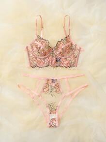 SHEIN Floral Embroidery Mesh Cut Out Lingerie Set - Baby Pink - View 3