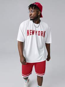 Manfinity VCAY 男士字母圖案T恤和拼接邊短褲 - 紅色 - 查看 6