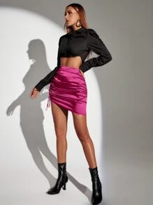 SHEIN BAE Falda ajustada fruncido con cordón lateral bajo asimétrico de satén - Rosa Fucsia - Ver 5