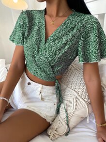 SHEIN VCAY Ditsy Floral Print Butterfly Sleeve Crop Wrap Blouse - Green - View 5