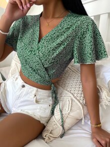 SHEIN VCAY Ditsy Floral Print Butterfly Sleeve Crop Wrap Blouse - Green - View 6