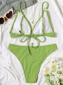 Conjunto de bikini acanalado con sujetador de espalda anudada y Bottom de corte alto, 2 piezas para traje de baño, para el verano y vacaciones en la playa - Verde Lima - Ver 2