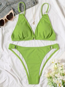 Conjunto de bikini acanalado con sujetador de espalda anudada y Bottom de corte alto, 2 piezas para traje de baño, para el verano y vacaciones en la playa - Verde Lima - Ver 3