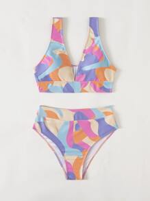 Random Allover Print Color Block High Waist Bikini - Multicolor - View 3