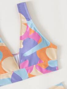 Random Allover Print Color Block High Waist Bikini - Multicolor - View 5