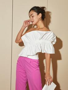 Áo sơ mi lệch vai viền bèo nhún thời trang mùa hè, áo croptop hở lưng, trang phục công sở thường ngày đi nghỉ mát cho nữ màu trắng. - trắng - Xem 4