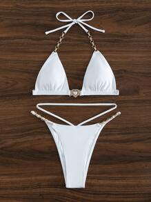 Bikini tam giác hở lưng đính đá giả, dành cho kỳ nghỉ hè trên bãi biển - trắng - Xem 3