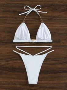 Bikini tam giác hở lưng đính đá giả, dành cho kỳ nghỉ hè trên bãi biển - trắng - Xem 2