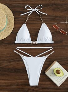 Bikini tam giác hở lưng đính đá giả, dành cho kỳ nghỉ hè trên bãi biển - trắng - Xem 4