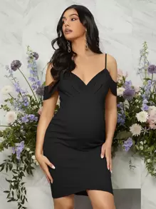 SHEIN Maternity Cold Shoulder Wrap Hem Bodycon Dress - Black - View 1